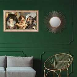 «The Medici Cycle: Henri IV Receiving the Portrait of Marie de Medici 1621-25 2» в интерьере классической гостиной с зеленой стеной над диваном