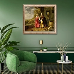 «The Expulsion of Hagar and Ishmael, c.1644» в интерьере гостиной в зеленых тонах