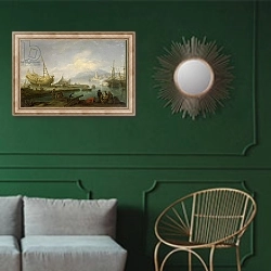 «Coastal Landscape» в интерьере классической гостиной с зеленой стеной над диваном