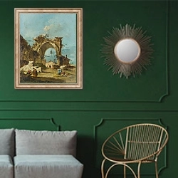 «Каприччо с руинами арки» в интерьере классической гостиной с зеленой стеной над диваном