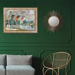 «Regatta at Molesey, 1874» в интерьере классической гостиной с зеленой стеной над диваном