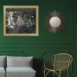 «The Pond, 1902» в интерьере классической гостиной с зеленой стеной над диваном