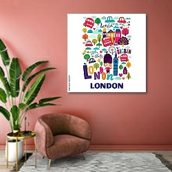 «Англия, Лондон. Векторные символы» в интерьере современной гостиной в розовых тонах