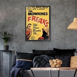 «Poster - Freaks» в интерьере гостиной в стиле лофт в серых тонах