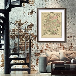 «Карта: Россия (европейская часть) 1» в интерьере двухярусной гостиной в стиле лофт с кирпичной стеной