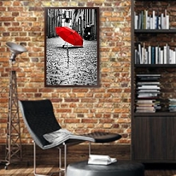 «Красный зонт» в интерьере кабинета в стиле лофт с кирпичными стенами
