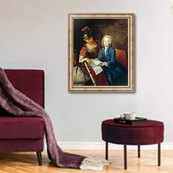 «Jean-Philippe Baratier Presented to Minerva, 1735» в интерьере гостиной в бордовых тонах