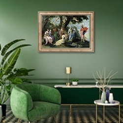 «Minerva with the Muses» в интерьере гостиной в зеленых тонах
