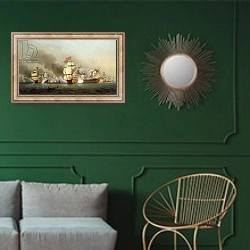 «Vice Admiral Sir George Anson's Victory off Cape Finisterre, 1749 oil on canvas)» в интерьере классической гостиной с зеленой стеной над диваном