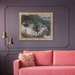 «Worms Head: Gower Peninsula» в интерьере гостиной с розовым диваном