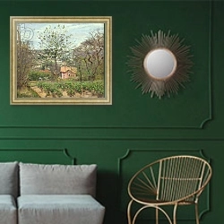 «The Cottage, or the Pink House - Hamlet of the Flying Heart, 1870» в интерьере классической гостиной с зеленой стеной над диваном