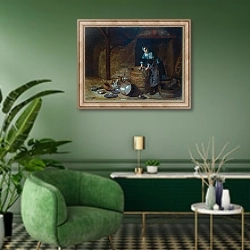 «Женщина, чистящая горшок» в интерьере гостиной в зеленых тонах