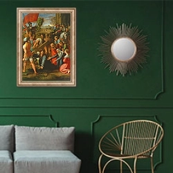 «The Fall on the Road to Calvary, 1517» в интерьере классической гостиной с зеленой стеной над диваном