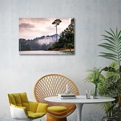 «Сумерки на островах, национальный парк Кхао Сок, Тайланд» в интерьере современной гостиной с желтым креслом