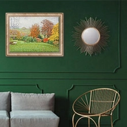 «Autumn Landscape, Rain, 2007» в интерьере классической гостиной с зеленой стеной над диваном