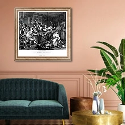 «The Orgy, plate III from 'A Rake's Progress'» в интерьере классической гостиной над диваном