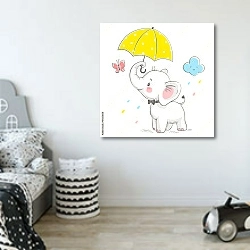 «Симпатичный слоненок с зонтиком» в интерьере детской комнаты для мальчика в светлых тонах