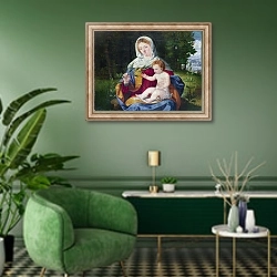 «Дева Мария и младенец с оливовой веткой» в интерьере гостиной в зеленых тонах
