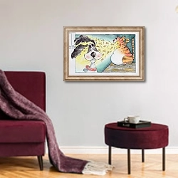 «Cat, Dog and Mice, 1998» в интерьере гостиной в бордовых тонах