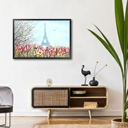 «Эйфелева башня и тюльпаны, скетч 3» в интерьере в стиле ретро с бирюзовыми стенами