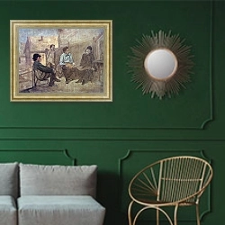 «Разговор студентов с монахом. 1871» в интерьере классической гостиной с зеленой стеной над диваном
