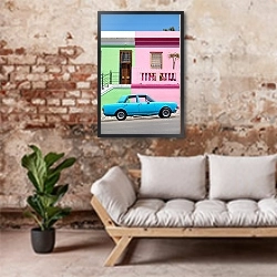 «Синяя машина у розово-зеленого дома» в интерьере гостиной в стиле лофт над диваном