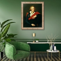 «Portrait of Vittorio Alfieri» в интерьере гостиной в зеленых тонах