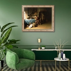 «An Old Man Lighting his Pipe in a Study» в интерьере гостиной в зеленых тонах