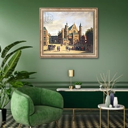 «A Town Square in Haarlem» в интерьере гостиной в зеленых тонах