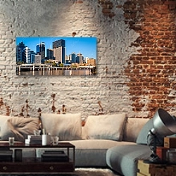 «Австралия, Брисбен. Вид на город» в интерьере гостиной в стиле лофт с кирпичными стенами