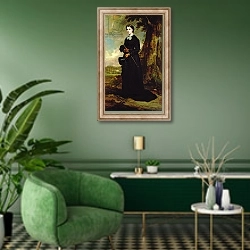 «Young woman wearing a black riding habit and standing in a landscape» в интерьере гостиной в зеленых тонах