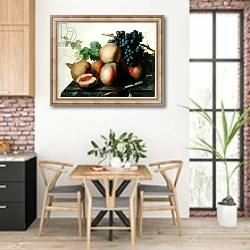 «Still Life with Peaches and Grapes on Marble» в интерьере кухни с кирпичными стенами над столом