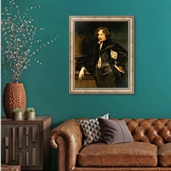 «Self portrait, c.1620-21» в интерьере гостиной с зеленой стеной над диваном