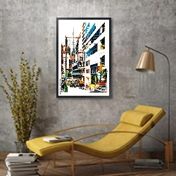 «Современный город» в интерьере в стиле лофт с желтым креслом