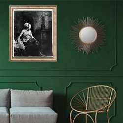 «Woman sitting half-dressed beside a stove, 1658 1» в интерьере классической гостиной с зеленой стеной над диваном