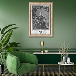 «Francis I, Holy Roman Emperor, engraved by Philipp Andreas Kilian» в интерьере гостиной в зеленых тонах