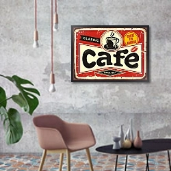 «Кафе бар, винтажная вывеска» в интерьере в стиле лофт с бетонной стеной