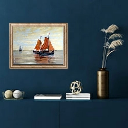 «Рыбацкие лодки с красными парусами на море» в интерьере в классическом стиле в синих тонах