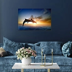 «Дельфины на закате» в интерьере современной гостиной в синем цвете