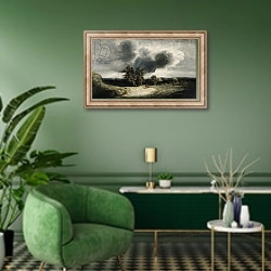 «Landscape on the Outskirts of Paris» в интерьере гостиной в зеленых тонах