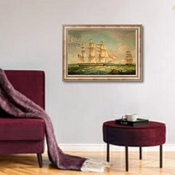 «Merchantmen in a stiff breeze off the cliffs of Dover» в интерьере гостиной в бордовых тонах