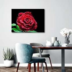 «Красная роза с каплями на черном фоне» в интерьере современной кухни над обеденным столом