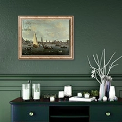 «View of Amsterdam Harbour» в интерьере прихожей в зеленых тонах над комодом