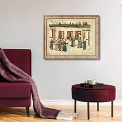 «Ms. cicogna 1971, miniature from the 'Memorie Turchesche' depicting the Sultan's favourite musician» в интерьере гостиной в бордовых тонах