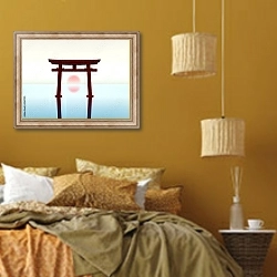 «Ворота Тории на фоне заката» в интерьере спальни  в этническом стиле в желтых тонах
