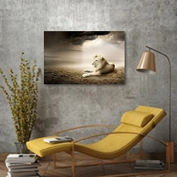 «Белый лев на закате» в интерьере в стиле лофт с желтым креслом