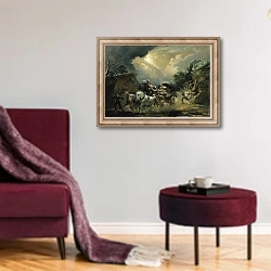«Coach in a Thunderstorm, 1790s» в интерьере гостиной в бордовых тонах