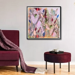«Botanical Collage # 1, 2017,» в интерьере гостиной в бордовых тонах