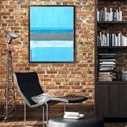 «Голубая абстракция с полосами» в интерьере кабинета в стиле лофт с кирпичными стенами