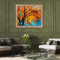 «Осеннее дерево 3» в интерьере гостиной в оливковых тонах